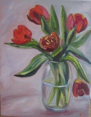tulips original oil painting, bouquet red tulips in vase, painting on canvas