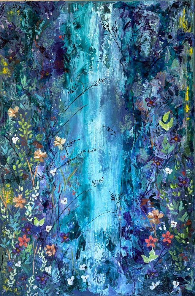 Cascade by Spring Waterfall Series Fantasy Original Painting 24×36 Canvas Art