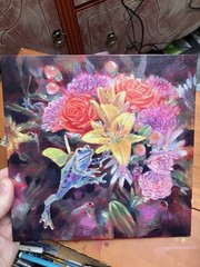 Original Flying Frog Painting floral art flowers ladybug Funny Artwork Amphibian