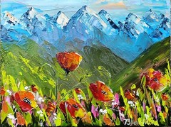 Original Oil Painting Poppies Floral Mountain Landscape Art Hand Painted 9,5x7in