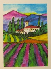 TUSCAN HILLS Landscape Italy Vineyards Trees Aceo Print LE Acrylic Ink W/C paper