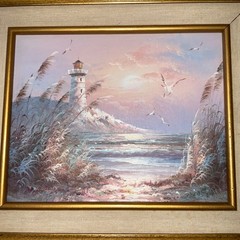 Vintage SEASCAPE sand dunes ocean oil Painting original hand painted lighthouse