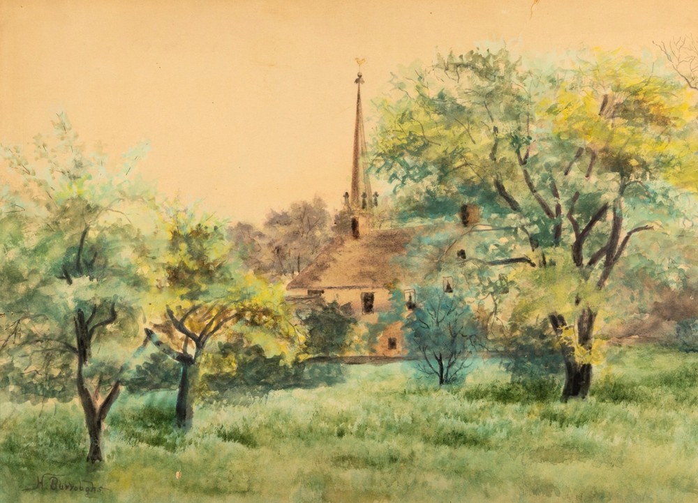 Antique New England Watercolor, Churchyard, H. Burroughs, Signed