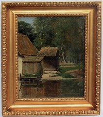 David Monies. Old houses by a stream on a summer’s day c1860. Framed