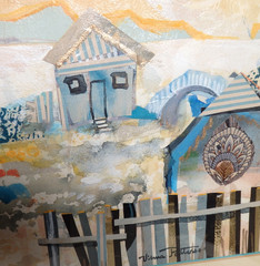 VTG Signed Watercolor Collage Painting Sun Sea Shacks Seascape Framed Calif