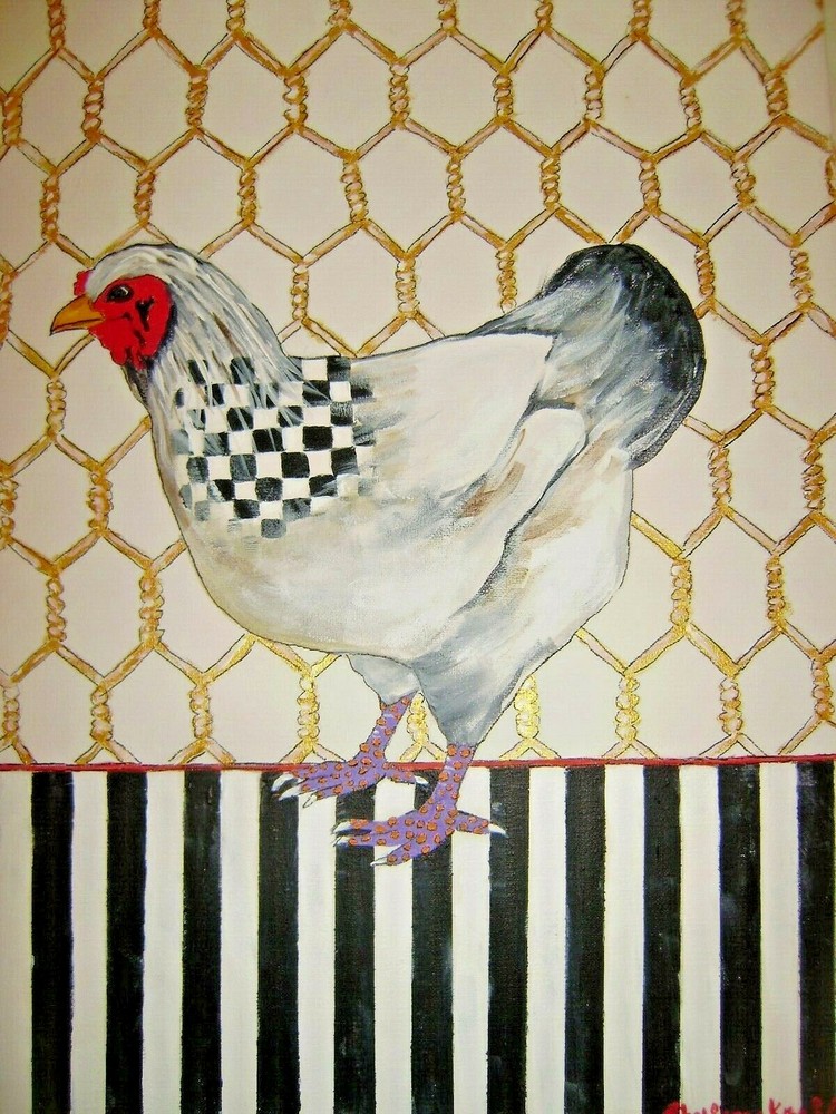 16 by 20 Inch Acrylic Painting on Canvas, „CHECKERED HEN“ Charlene Kraft