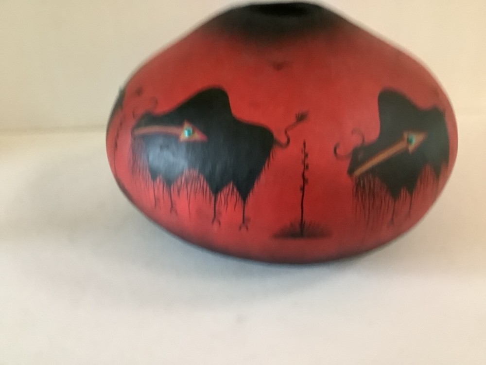 Robert Rivera Signed Hand Painted Gourd „Buffalos“ Red w/Turquoise Stones