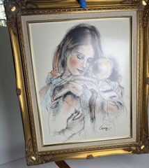 Pastel & Charcoal Art Mother w’ Child Artist Levin 1975 BEAUTIFUL VINTAGE FRAME