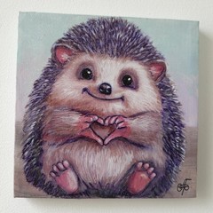 Original Acrylic Painting Cute Hedgehog Heart Love Small Hand Painted Canvas Art