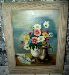 Cottagecore Floral Oil Painting Chunky White Wood Frame 1960s Sweet Vintage