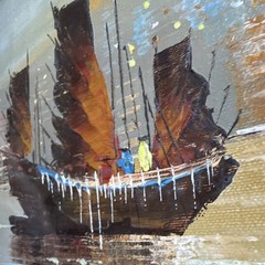 Vintage Painting, Chinese Junk Boats, Harbour, Asian Art, Mid-Century Wall Decor