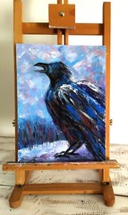 Original mini oil painting Screaming Black Raven on Snow wall decoration
