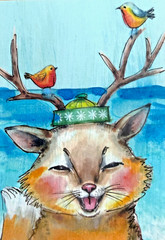 Original Fox ACEO Watercolor Painting Birds Whimsical OOAK Mini Art