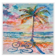 Watercolor of Palm Tree and Bicycle by Ocean Shore with Vibrant Sunset Sky