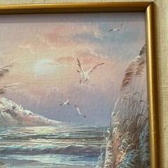 Vintage SEASCAPE sand dunes ocean oil Painting original hand painted lighthouse