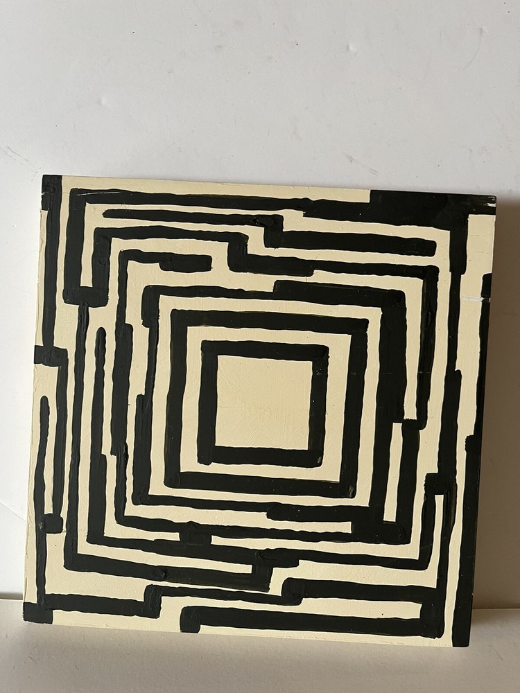 Acrylic Painting Black & Cream Maze Original Bower ‘24 New 8” Square Wood Board
