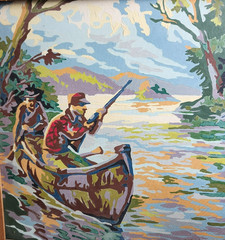 Vintage Wood Frame Hunting/Lake Painting, Muted Colors, Nature Outdoor Scene