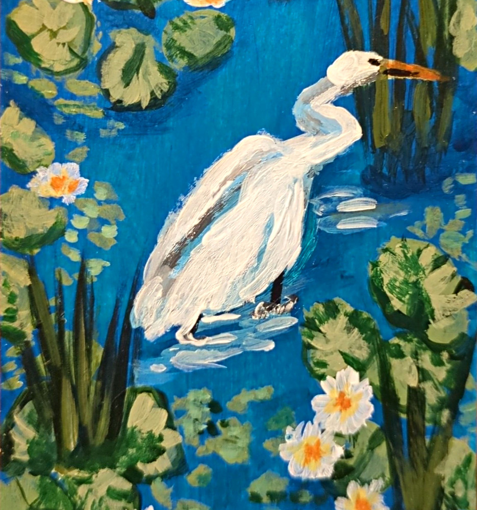 ACEO Original Acrylic Painting White Egret In Lily Pond By Meganspreit