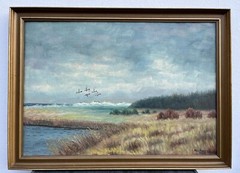Impressionist Naturalist Coastal Landscape with Flying Ducks Nature Sky