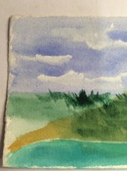 Original Painting Watercolor Island Green Blue Ocean Sky Reef 4 3/4″ x 7 1/2″
