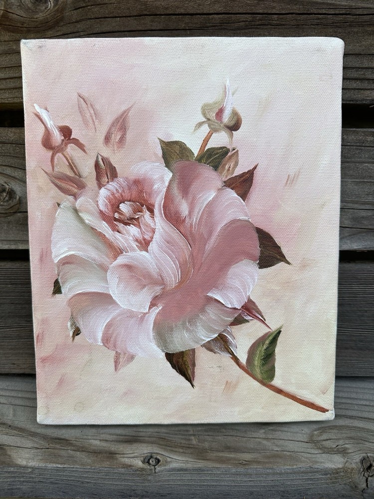 Oil On Canvas Pink Rose Painting Decor Cottage Floral 8×10”