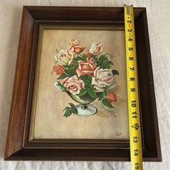 Oil Painting Bouquet of Roses in Wooden Frame Vintage Signed 1947