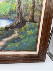VTG FRAMED OIL ON CANVAS PAINTING Wooded Countryside River Scene Bob Ross Style
