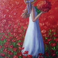 Original Oil Portrait Painting Woman Red Poppy Field Summer Canvas Art Romantic
