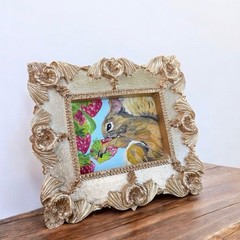 Squirrel eating Strawberry miniature print of my original painting in gold frame