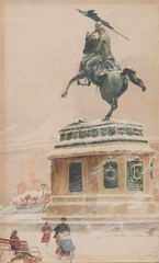 Vienna Austria Charles monument in snow antique watercolor painting Emil Czech