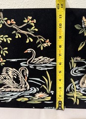 2 Vtg 60s SWAN PAINTING Set VELVET BLACK Picture Art Deco Lake Branches Blossom