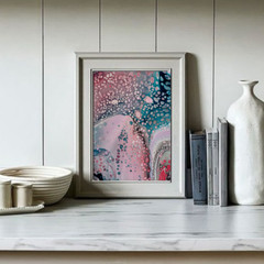 Abstract acrylic picture 18×24 cm color petrol blue coral red painting on canvas