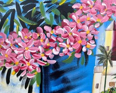 Nice Tropical Art Oil Painting Colorful Landscape Flowers Palm Trees Boats Home