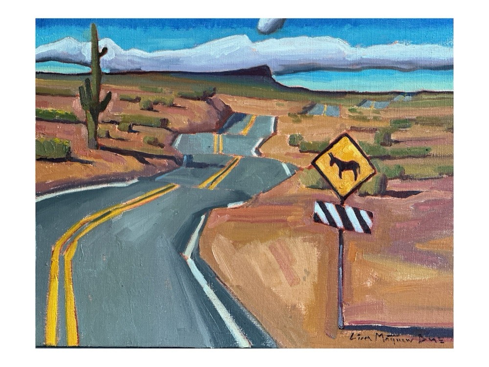 Western Landscape Painting Route 66 Desert Highway Signed 14×18 Large Cactus