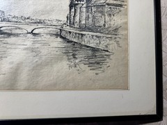 Dines Carlsen (1901 – 1966) „Palais de Justice From Pont Neuf“ Charcoal Drawing