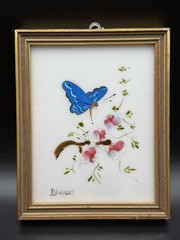 VTG Butterfly Wall Art Painted Glass Gold Frame Handpainted In Spain 4.25 x 5.5”