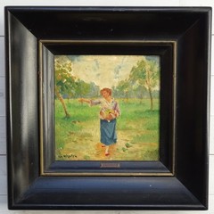 Mid Century Charles Nicoise Oil Painting on Porcelain Tile Woman in Meadow 9.5