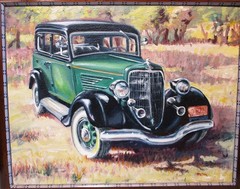 Original Oil Painting of a 1934 Ford 4 Door Sedan, Signed