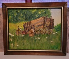 Vintage Original Wagon In Meadow Painting Signed & Framed (S2)