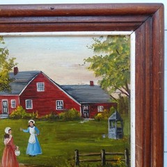 Vintage Miniature Folk Art Landscape Oil Painting Red Saltbox House Trees Signed