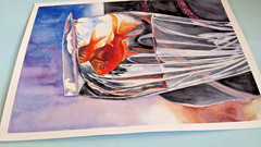 Goldfish Watercolor Painting Fish in Plastic Bag with Water Zodiac Pisces Art A4