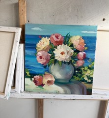 paintings on canvas original «Peonies under the sun” 12×12, oil on canvas