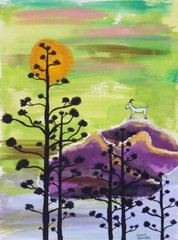 Original Capricorn Zodiac Gouache (Watercolor) Painting Mixed Media Collage