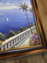 Original Signed Oil Painting Mediterranean Coastal Village Seascape Framed – VG+