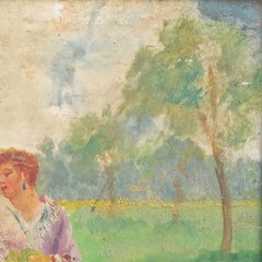 Mid Century Charles Nicoise Oil Painting on Porcelain Tile Woman in Meadow 9.5