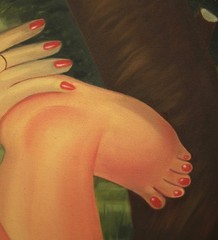 „Colombiana“ Reclining Nude Woman Oil Painting in the Manner of Fernando Botero