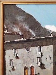 Snowfall in an Old Italian Village Winter Landscape Vintage Oil Painting signed