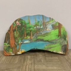 VTG Hand Painted Wood Edge Slab Mountain Scenery Art Fairy Pixie Flower Woodland