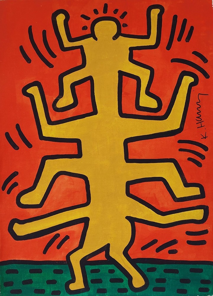 Keith Haring Signed Pop Art Oil Painting on Canvas Iconic Street Art
