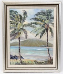 Stephen Sands 11×14 Vintage Hawaiian Oil Painting Palm Tree Mauna Kea Volcano